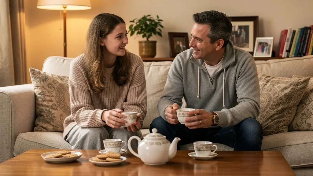 Adolescente européenne partageant un moment avec sa famille d'accueil britannique dans un salon chaleureux