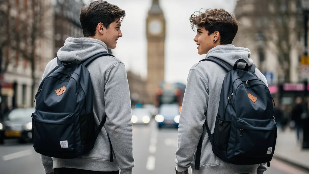Deux adolescents européens marchant dans une rue de Londres avec Big Ben en arrière-plan
