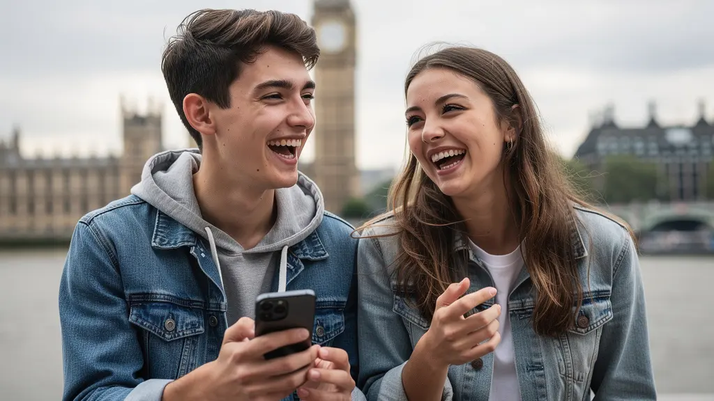 Adolescents visitant un monument londonien avec interaction naturelle et rires