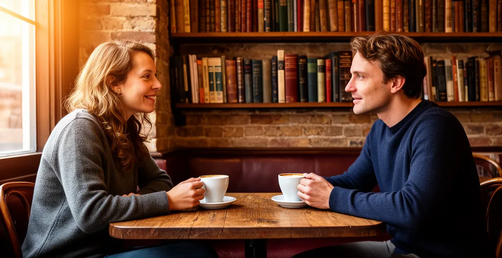 Deux personnes en conversation dans un café londonien