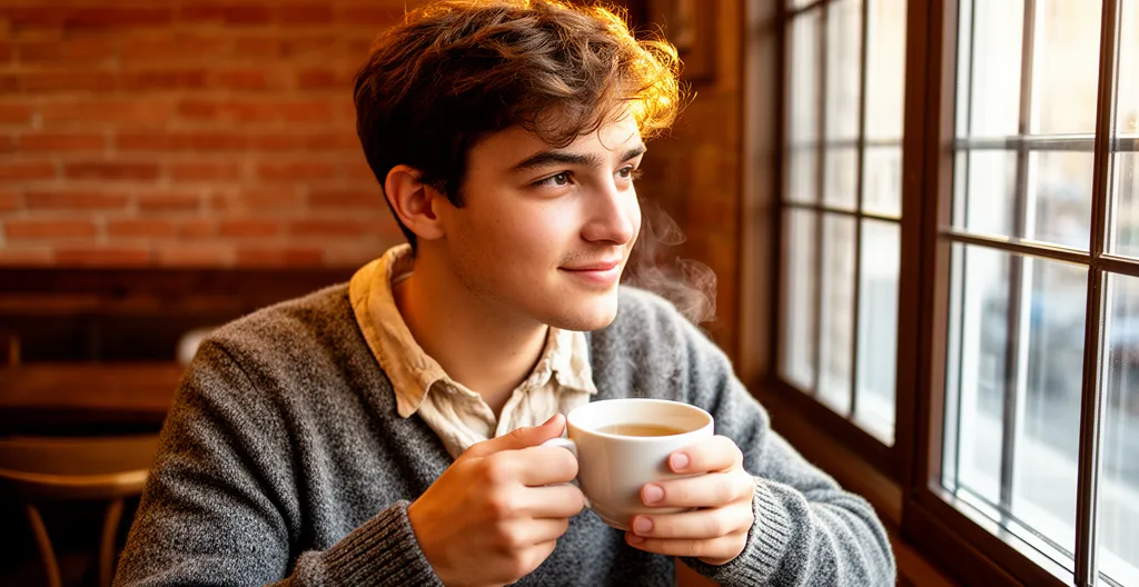 Moment de réflexion d'un étudiant en immersion anglais dans un café londonien