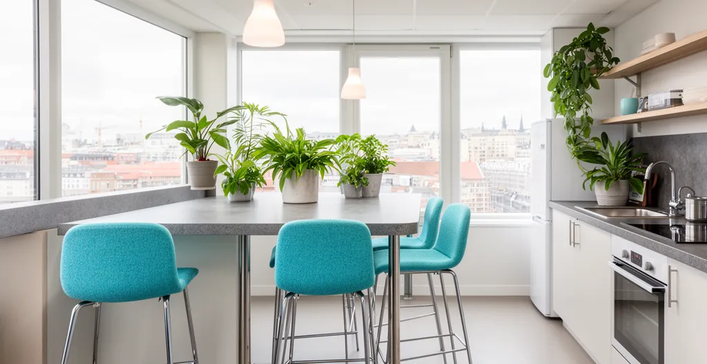 Espace commun d'une résidence étudiante à Londres avec cuisine partagée